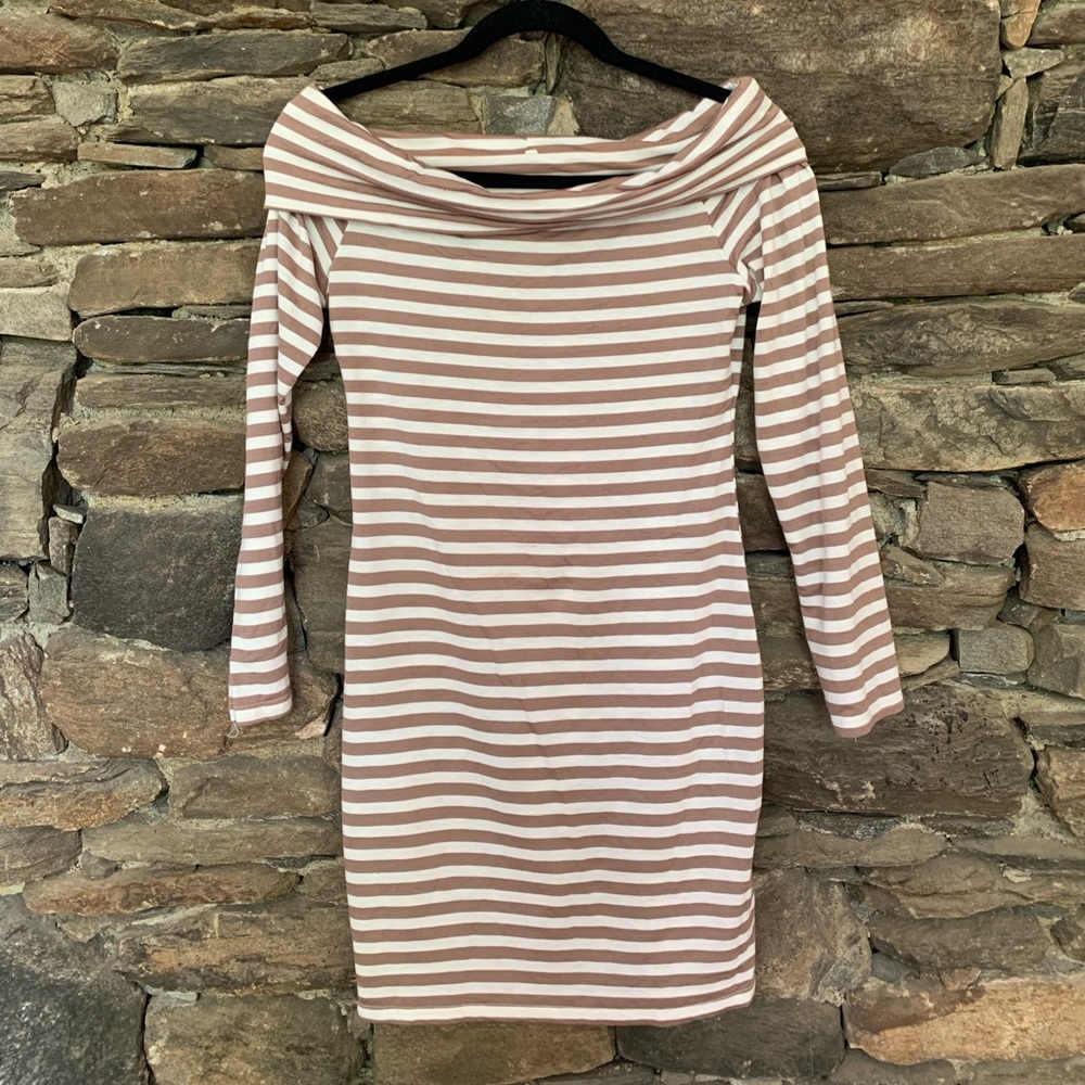 Tan and white off the shoulder dress